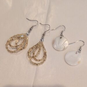 Gold Beaded Teardrop and White Shell Disc Earrings Set - Women Jewelry